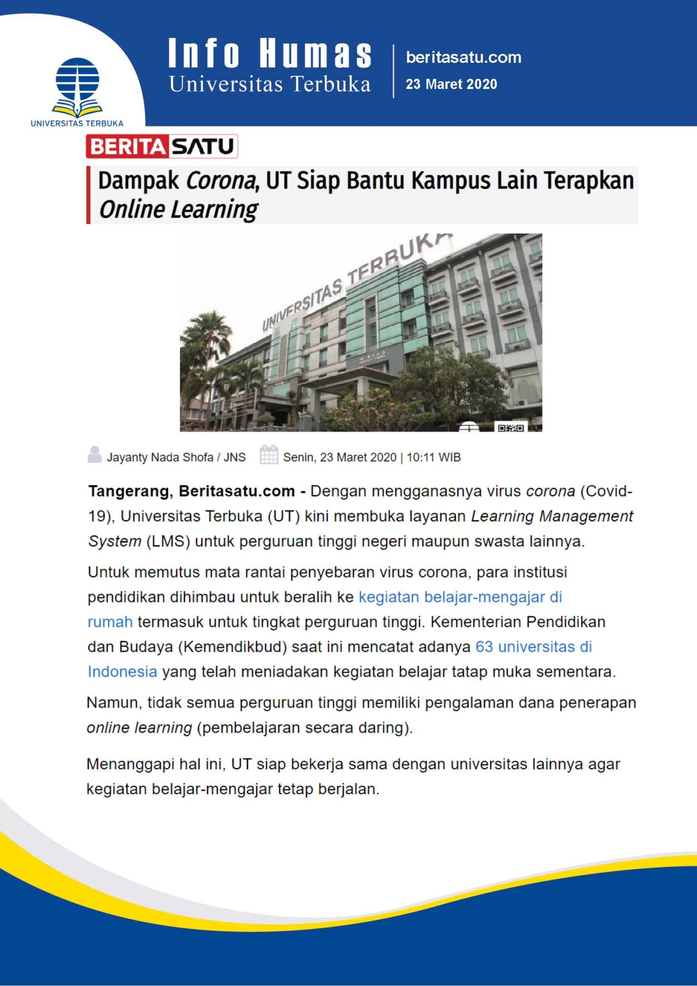 Dampak Corona, UT Siap Bantu Kampus Lain Terapkan Online Learning